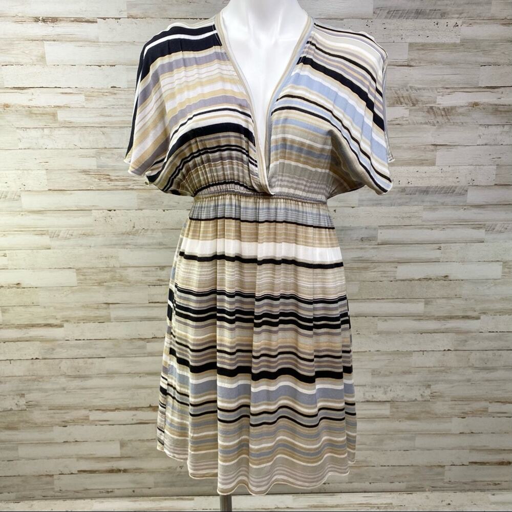 Hale Bob Silk Blend Faux Wrap Dress Womens Size S Tan Black Striped